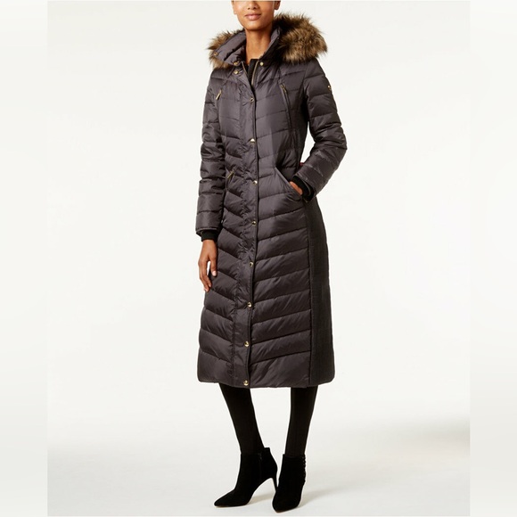 MICHAEL Michael Kors Hooded Faux-Fur-Trim Maxi Down Coat XXS Gunmetal - Picture 1 of 2